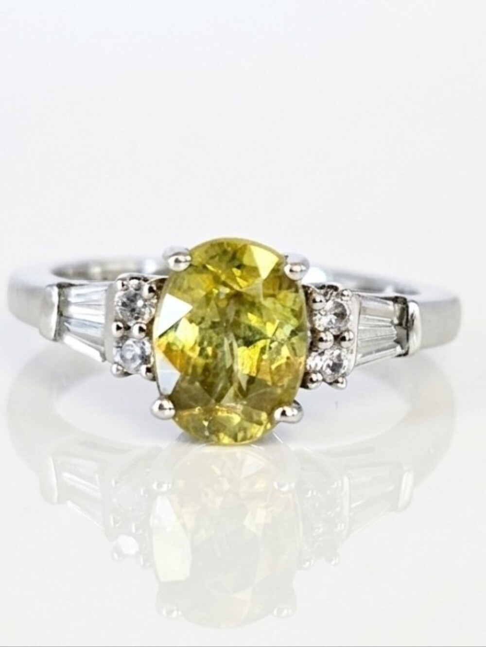 Genuine Spene & White Zircon Ring Sterling Silver Platinum Finish. Size 5!